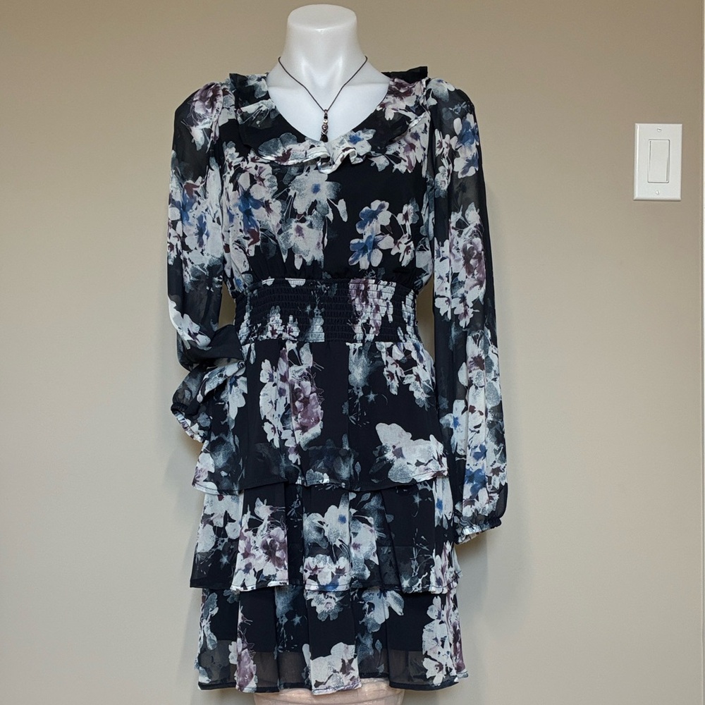 AKA Sapphire Blue Floral Mini Dress with Tiered Ruffles; Long Sleeve; XS
